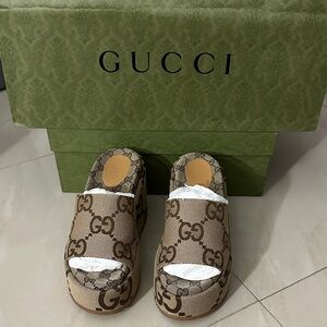 Gucci Beige GG Monogram Platform Mules